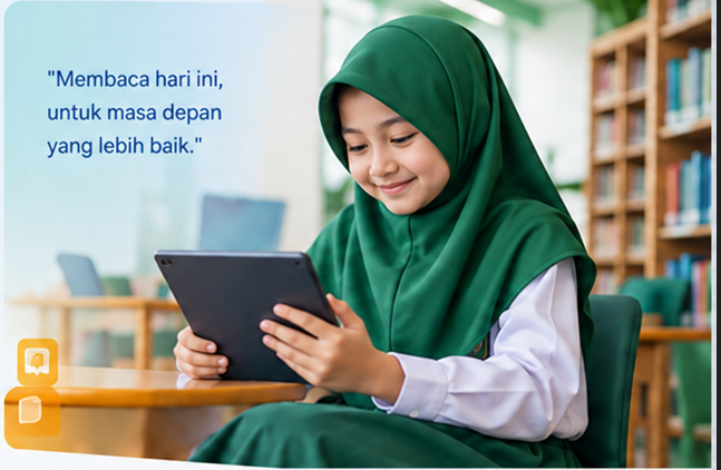 Siswa membaca buku digital di perpustakaan